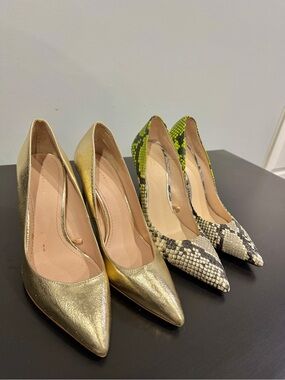 Zara Metallic Gold Pointed & Green Snake-Print Heels Duo Lot